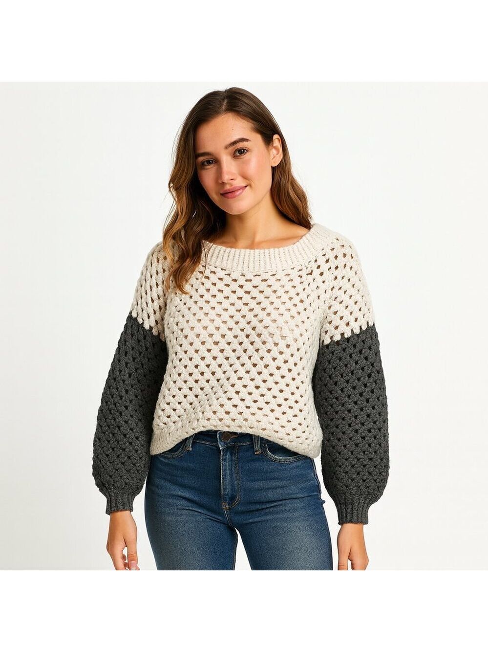 Granny Square Crochet Sweater M Cream Grey Hand Knit Cozycore Cottagecore Boho